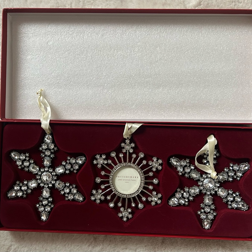 Pottery Barn Silver Snowflake Jewelled Christmas holiday Ornaments Set BNIB